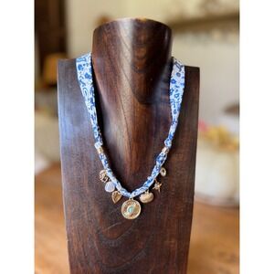 Boho Charm Necklace‎ Blue Floral Fabric Gold Shell Star Coin Adjustable NWT